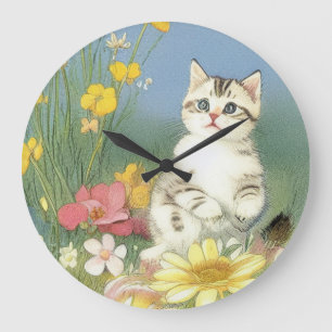Kitten Illustratie met Gele Bloemen Grote Klok