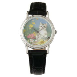 Kitten Illustratie met Gele Bloemen Horloge