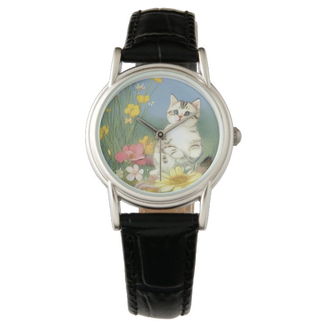  Kitten Illustratie met Gele Bloemen Horloge (Voorkant)