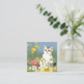  Kitten Illustratie met Gele Bloemen Informatiekaartje (Staand voorkant)