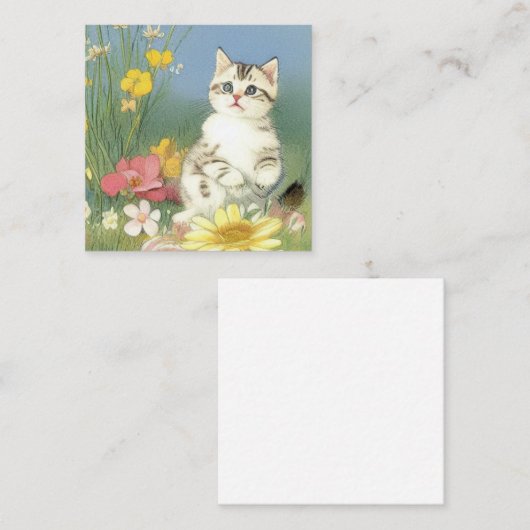  Kitten Illustratie met Gele Bloemen Informatiekaartje (Voorkant / Achterkant)