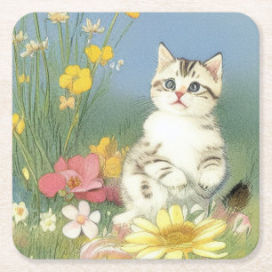 Kitten Illustratie met Gele Bloemen Kartonnen Onderzetters