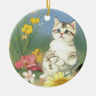 Kitten Illustratie met Gele Bloemen Keramisch Ornament