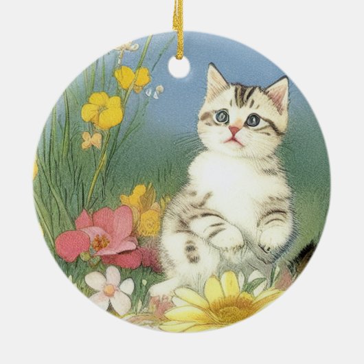 Kitten Illustratie met Gele Bloemen Keramisch Ornament (Achterkant)