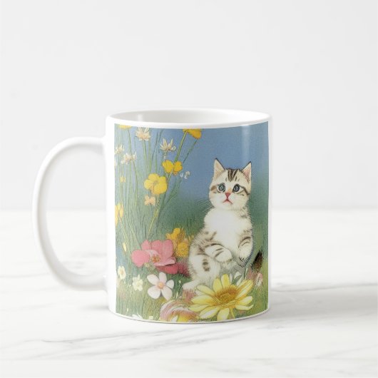 Kitten Illustratie met Gele Bloemen Koffiemok (Links)