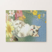Kitten Illustratie met Gele Bloemen Legpuzzel (Horizontaal)