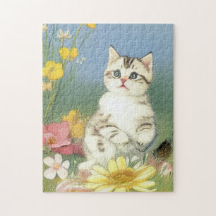 Kitten Illustratie met Gele Bloemen Legpuzzel