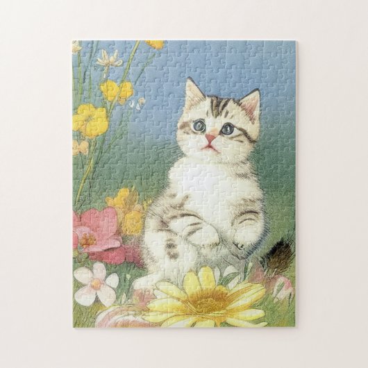 Kitten Illustratie met Gele Bloemen Legpuzzel (Verticaal)