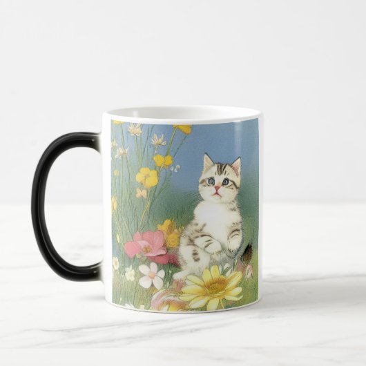 Kitten Illustratie met Gele Bloemen Magische Mok (Links)