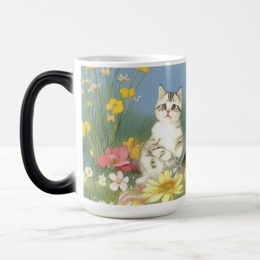  Kitten Illustratie met Gele Bloemen Magische Mok (Links)