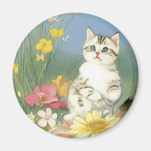 Kitten Illustratie met Gele Bloemen Magneet