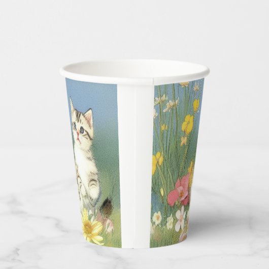  Kitten Illustratie met Gele Bloemen Papieren Bekers (Rechts)