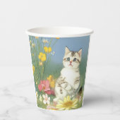  Kitten Illustratie met Gele Bloemen Papieren Bekers (Voorkant)