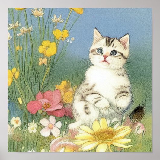  Kitten Illustratie met Gele Bloemen Poster (Voorkant)