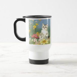 Kitten Illustratie met Gele Bloemen Reisbeker