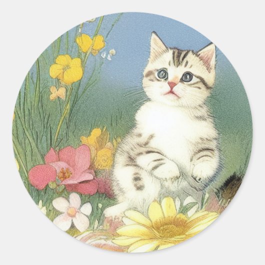  Kitten Illustratie met Gele Bloemen Ronde Sticker (Voorkant)