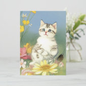 Kitten Illustratie met Gele Bloemen Save The Date (Staand voorkant)