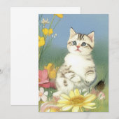 Kitten Illustratie met Gele Bloemen Save The Date (Voorkant / Achterkant)