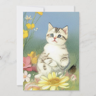 Kitten Illustratie met Gele Bloemen Save The Date