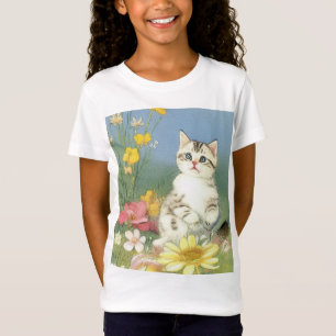 Kitten Illustratie met Gele Bloemen T-shirt
