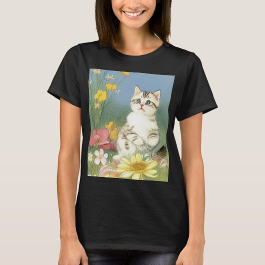  Kitten Illustratie met Gele Bloemen T-shirt (Voorkant)