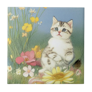  Kitten Illustratie met Gele Bloemen Tegeltje