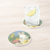  Kitten Illustratie met Gele Bloemen Zandsteen Onderzetter (Zijkant)