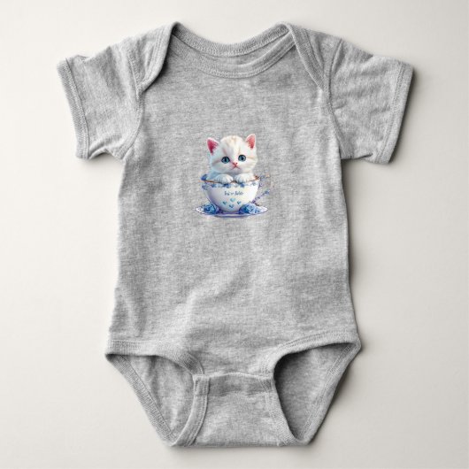 Kitten in Beker Blauwe Bloemen Baby Bodysuit (Voorkant)