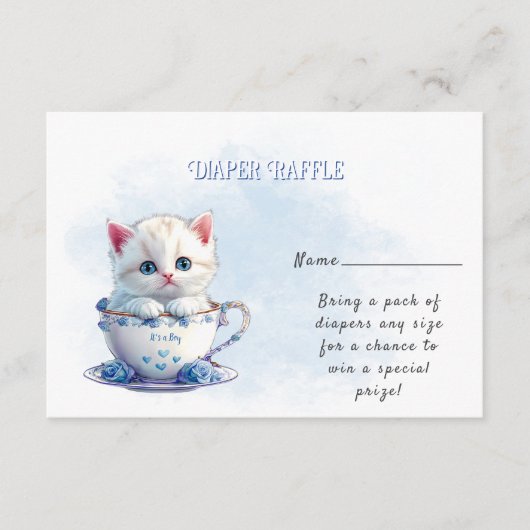 Kitten in Beker Blauwe Bloemen Baby shower Informatiekaartje (Voorkant)