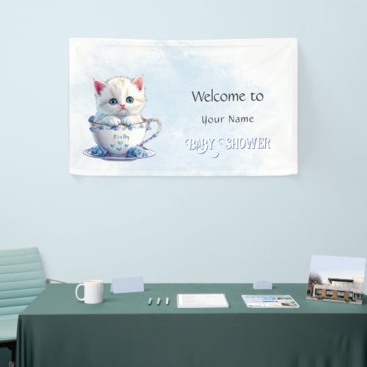 Kitten in Beker Blauwe Bloemen Baby shower Spandoek (Beurs)