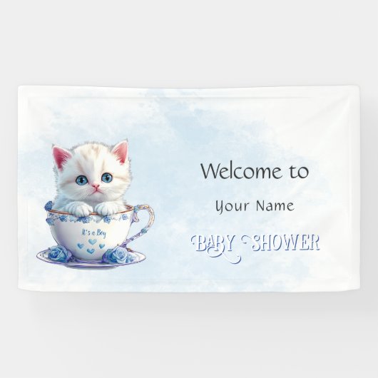 Kitten in Beker Blauwe Bloemen Baby shower Spandoek (Horizontaal)