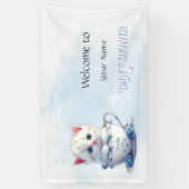 Kitten in Beker Blauwe Bloemen Baby shower Spandoek (Verticaal)