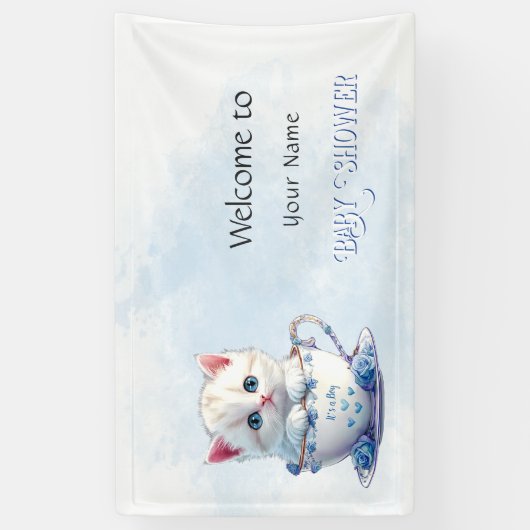 Kitten in Beker Blauwe Bloemen Baby shower Spandoek (Verticaal)