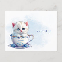 Kitten in Beker Blauwe Bloemen Briefkaart