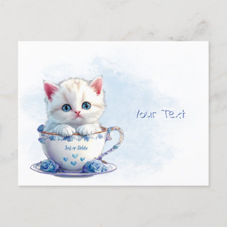 Kitten in Beker Blauwe Bloemen Briefkaart