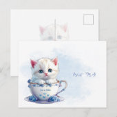 Kitten in Beker Blauwe Bloemen Briefkaart (Voorkant / Achterkant)