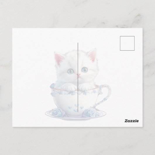 Kitten in Beker Blauwe Bloemen Briefkaart (Achterkant)