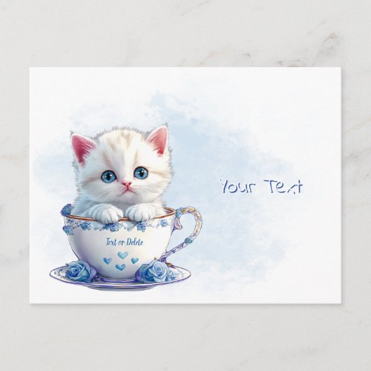 Kitten in Beker Blauwe Bloemen Briefkaart (Voorkant)