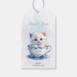 Kitten in Beker Blauwe Bloemen Gift Label Cadeaulabel