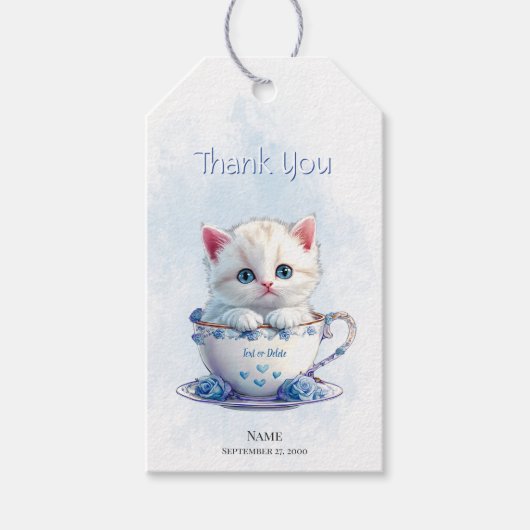 Kitten in Beker Blauwe Bloemen Gift Label Cadeaulabel (Voorkant)