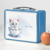 Kitten in Beker Blauwe Bloemen Metalen Lunch Box (In situ)
