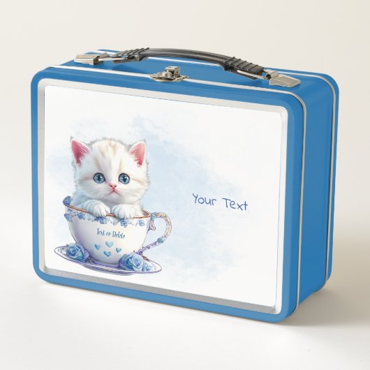 Kitten in Beker Blauwe Bloemen Metalen Lunch Box (Voorkant)