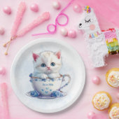 Kitten in Beker Blauwe Bloemen Papier Bord (Feest)