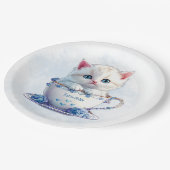 Kitten in Beker Blauwe Bloemen Papier Bord (Gekanteld)