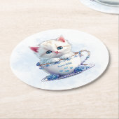 Kitten in Beker Blauwe Bloemen Papier Onderzetter (Gebogen)