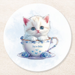 Kitten in Beker Blauwe Bloemen Papier Onderzetter