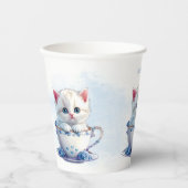 Kitten in Beker Blauwe Bloemen Papieren Bekers (Voorkant)