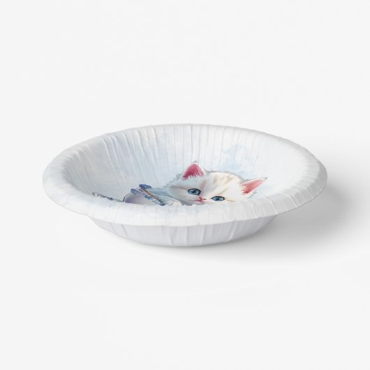 Kitten in Beker Blauwe Bloemen Papieren Bowl Papieren Kommen (Gebogen)