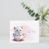 Kitten in beker roze bloemen ansichtkaart briefkaart (Staand voorkant)