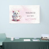 Kitten in Beker Roze Bloemen Baby shower Spandoek (Beurs)